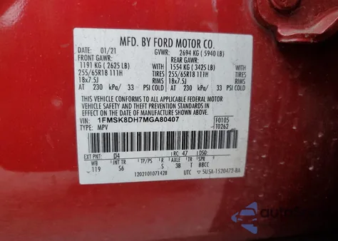 2021 Ford Explorer Xlt from USA, damaged, VIN 1FMSK8DH7MGA80407